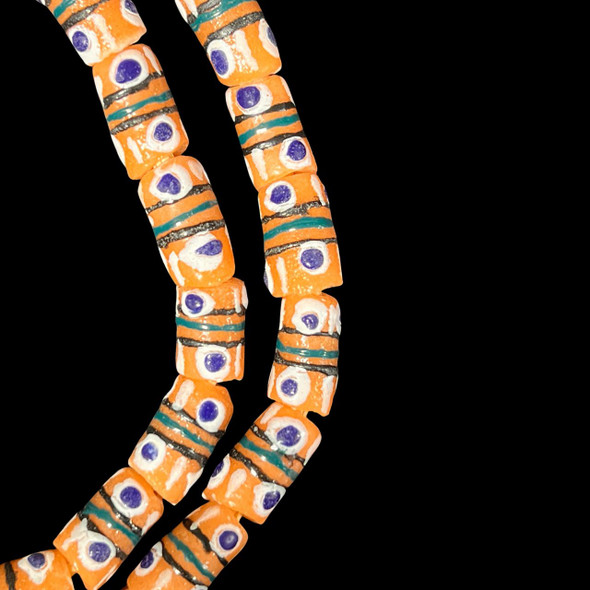 African Glass, Krobo, Orange, Black Stripes, 16x9mm, 22in Strand