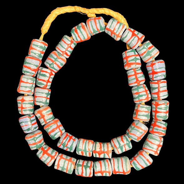 African Glass, Krobo, Aqua, Teal & Red Stripes, 18x16mm, 24in Strand