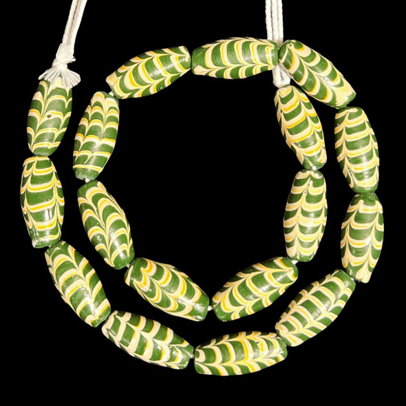 Indonesian Java Glass, Feather, Green, 26x12mm, 18in Strand