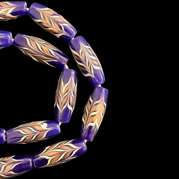 Indonesian Java Glass, Feather, Faceted, Dark Blue, 30x11mm, 16in Strand
