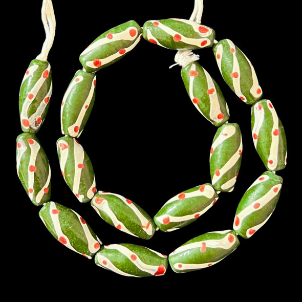 African Glass, Spiral, Green, 27x12mm, 18in Strand