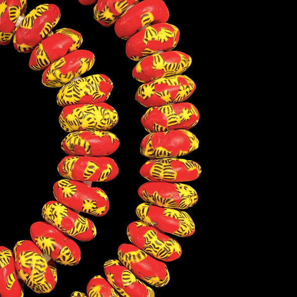 African Glass, Ghanaian, Fused Rondelle, Red & Yellow, 15x5mm, 22in Strand