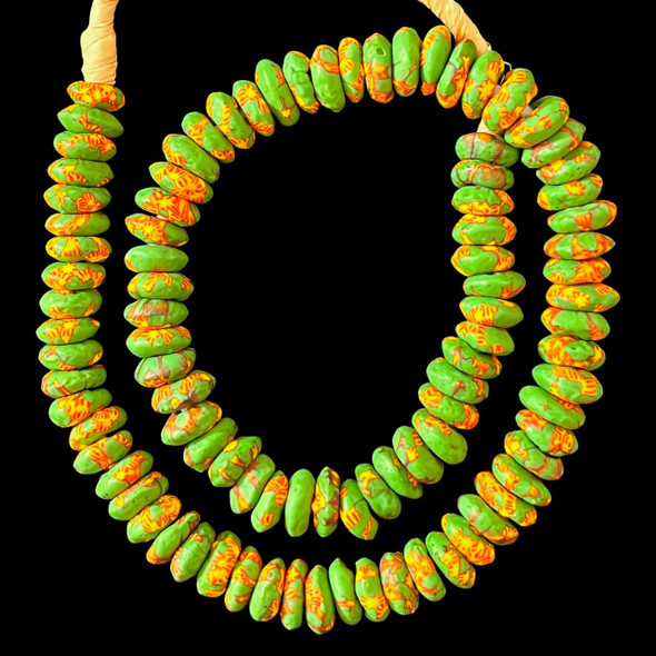 African Glass, Ghanaian, Fused Rondelle, Green, 15x5mm, 22in Strand
