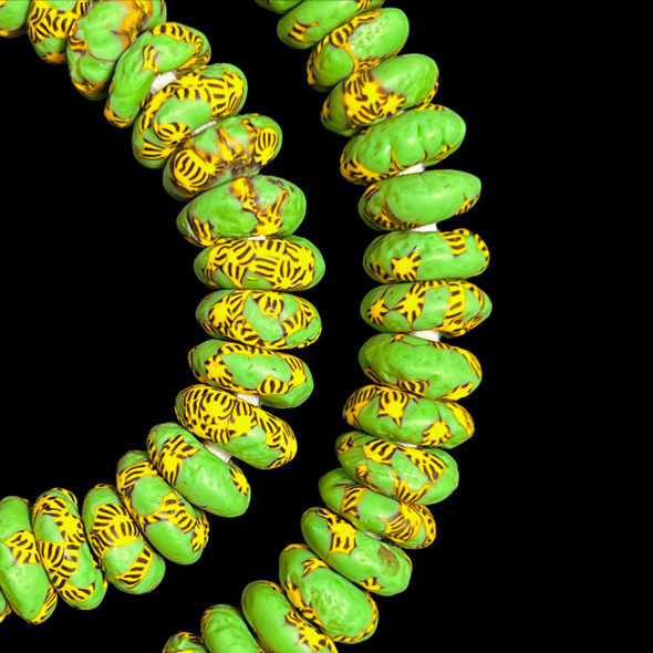 African Glass, Ghanaian, Fused Rondelle, Green & Yellow, 15x5mm, 22in Strand