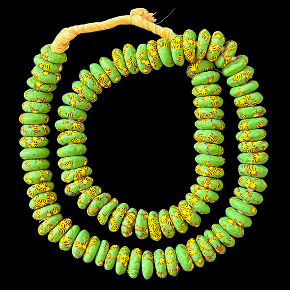 African Glass, Ghanaian, Fused Rondelle, Green & Yellow, 15x5mm, 22in Strand