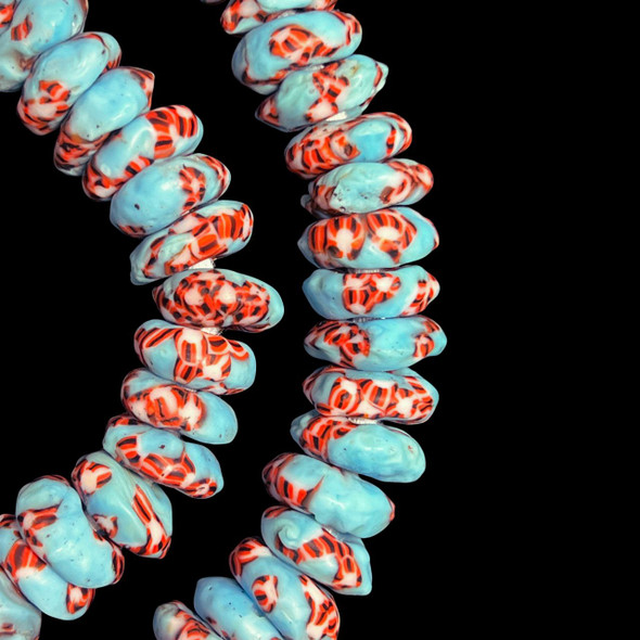 African Glass, Ghanaian, Fused Rondelle, Blue & Red, 15x5mm, 22in Strand