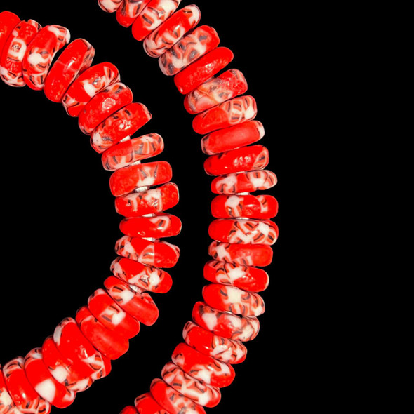 African Glass, Ghanaian, Fused Rondelle, Red & White, 11x4mm, 20in Strand