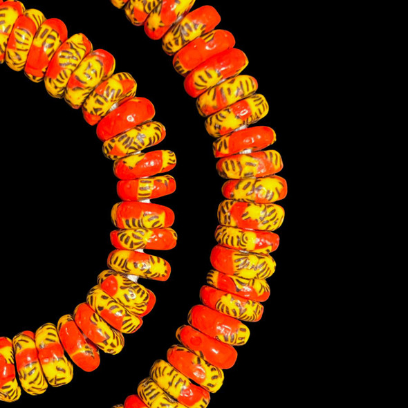 African Glass, Ghanaian, Fused Rondelle, Red & Yellow, 11x4mm, 20in Strand
