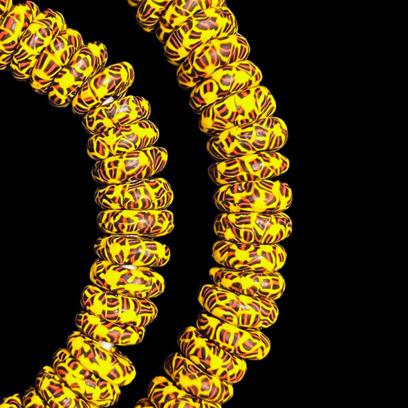African Glass, Ghanaian, Fused Rondelle, Yellow & Black, 11x4mm, 20in Strand