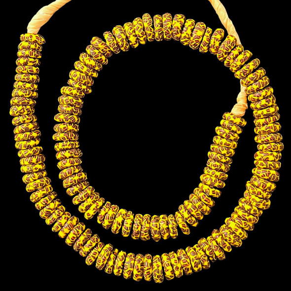 African Glass, Ghanaian, Fused Rondelle, Yellow & Black, 11x4mm, 20in Strand