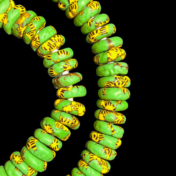 African Glass, Ghanaian, Fused Rondelle, Green & Yellow, 11x4mm, 20in Strand