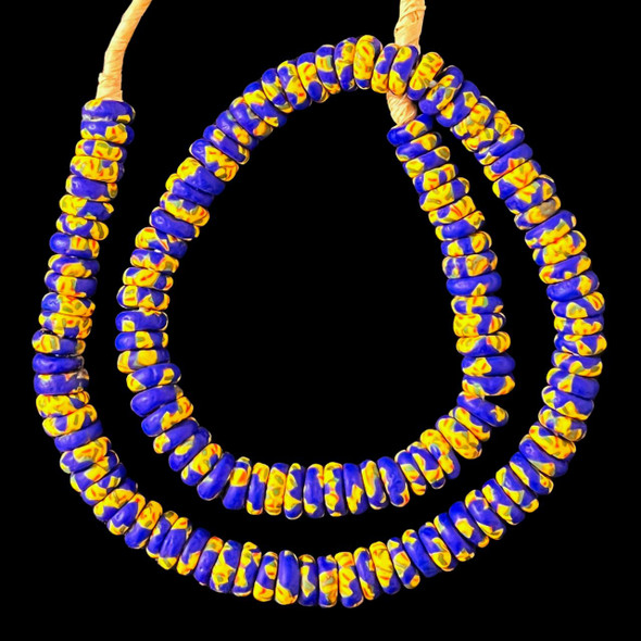 African Glass, Ghanaian, Fused Rondelle, Blue & Yellow, 11x4mm, 20in Strand