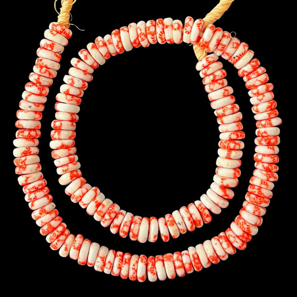 African Glass, Ghanaian, Fused Rondelle, White & Red, 11x4mm, 20in Strand
