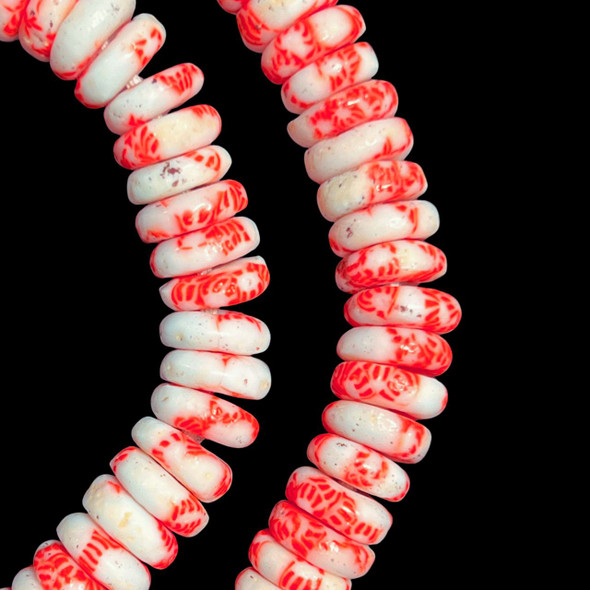African Glass, Ghanaian, Fused Rondelle, White & Red, 11x4mm, 20in Strand
