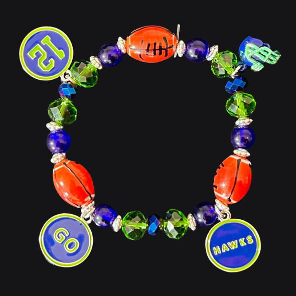 Bracelet, Stretchy, Seahawks, Blue & Green Crystals, Hand Painted Porcelain Footballs & Enamel Charms