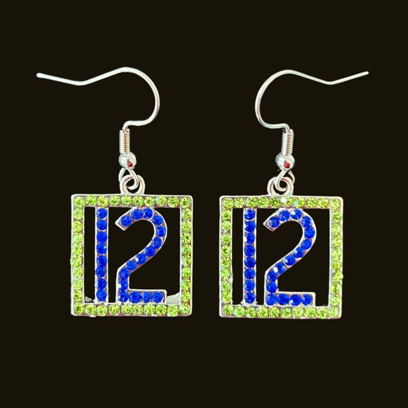 Earrings, Seahawks #12, Stainless Steel Earwire, Blue & Green Rhinestone