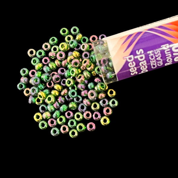 Seed Beads, 8/0 Czech, Round, Green Trans AB, 22 gram Tube