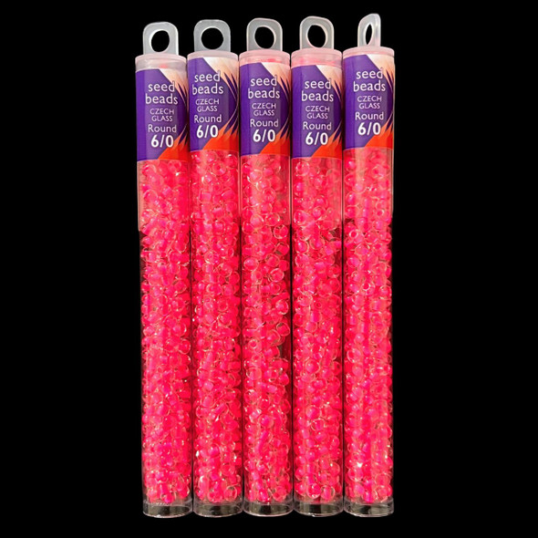 Seed Beads, 6/0 Czech, Round, Crystal Neon Pink, 20 gram Tube
