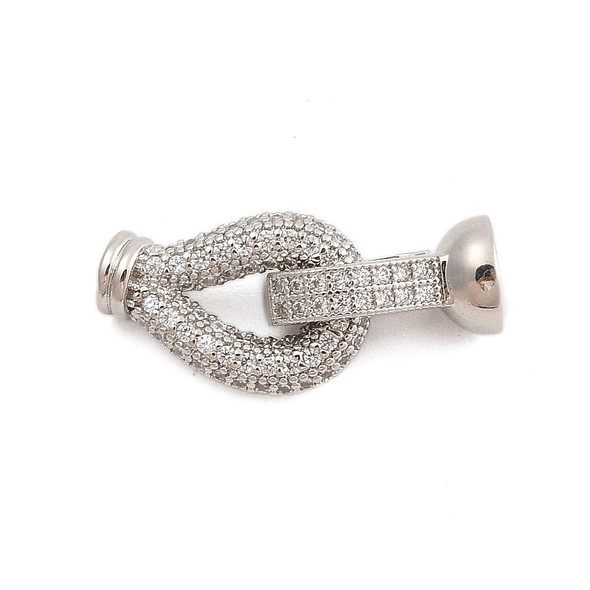 Fold Over Clasp, Teardrop, 28mm, Brass, Platinum Plated, Cubic Zirconia, 1 Set