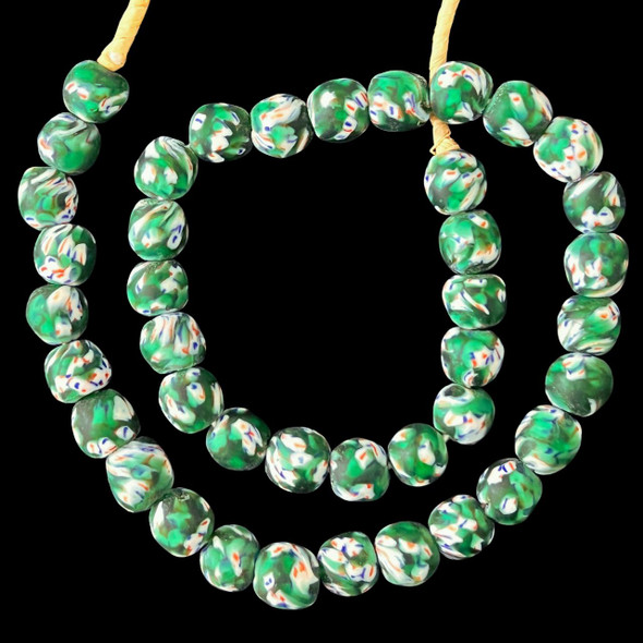 African Glass, Fused Round, Green, 14mm, 22in Strand