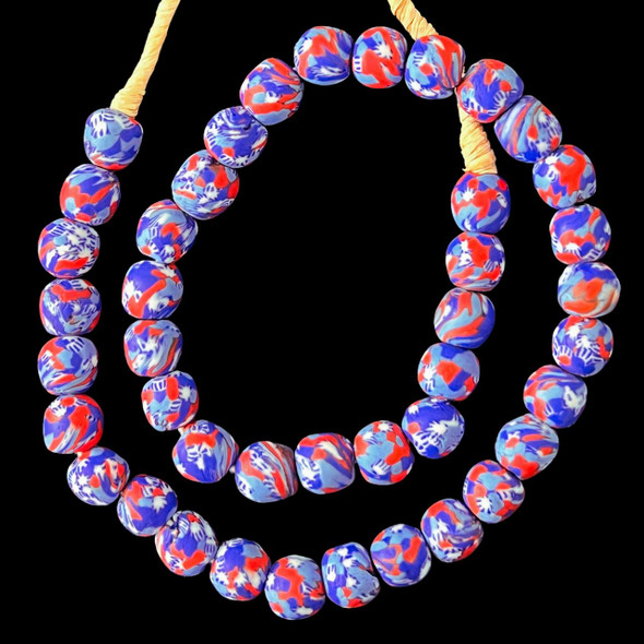 African Glass, Fused Round, Blue & Red, 14mm, 22in Strand