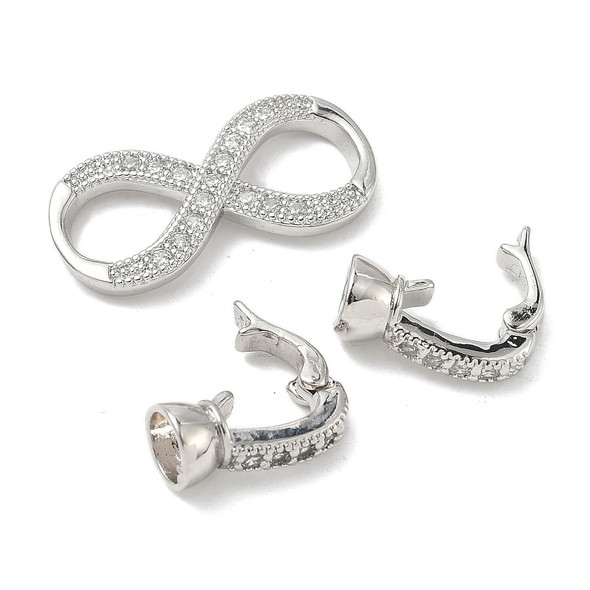 Fold Over Clasp, Infinity, 39mm, Brass, Platinum Plated, Cubic Zirconia, 1 Set