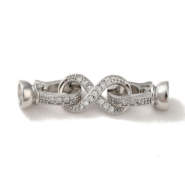 Fold Over Clasp, Infinity, 28mm, Brass, Platinum Plated, Cubic Zirconia, 1 Set