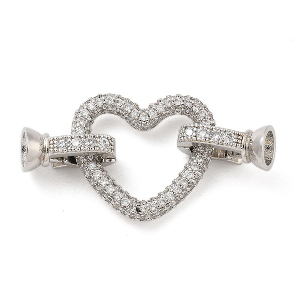Fold Over Clasp, Heart, 38mm, Brass, Platinum Plated, Cubic Zirconia, 1 Set