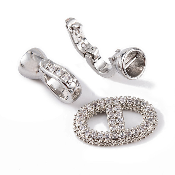 Fold Over Clasp, Oval, 29mm, Brass, Platinum Plated, Cubic Zirconia, 1 Set