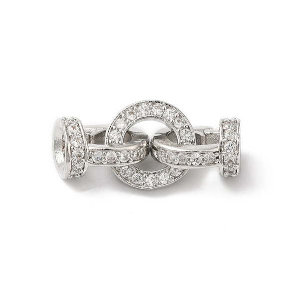 Fold Over Clasp, Ring, 21mm, Brass, Platinum Plated, Cubic Zirconia, 1 Set