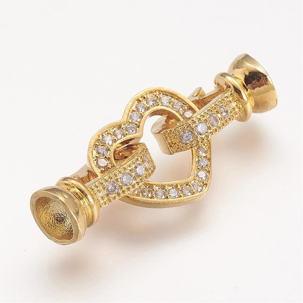 Fold Over Clasp, Heart, 31x12x7mm, Brass, Golden, Cubic Zirconia, 1 Set