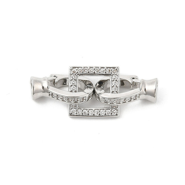 Fold Over Clasp, Square, 25mm, Brass, Platinum Plated, Cubic Zirconia, 1 Set