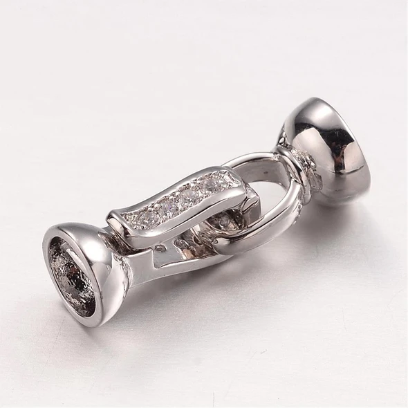 Fold Over Clasp, 23x8mm, Brass, Platinum Plated, Cubic Zirconia, 1 Set