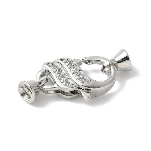 Lobster Claw Clasp, 25mm, Brass, Platinum Plated, Cubic Zirconia, 1 Set