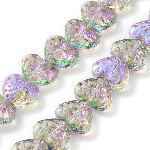 Heart Shape, Dimpled, Glass, 13x15mm, Half Plated, Purple Rainbow, One 25in Strand