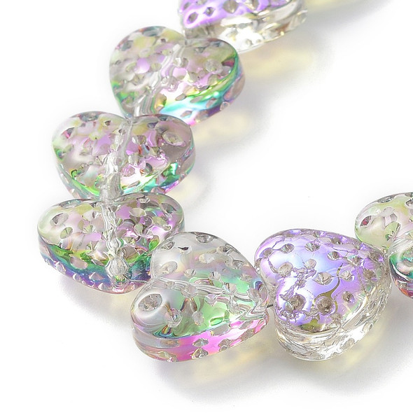 Heart Shape, Dimpled, Glass, 13x15mm, Half Plated, Purple Rainbow, One 25in Strand