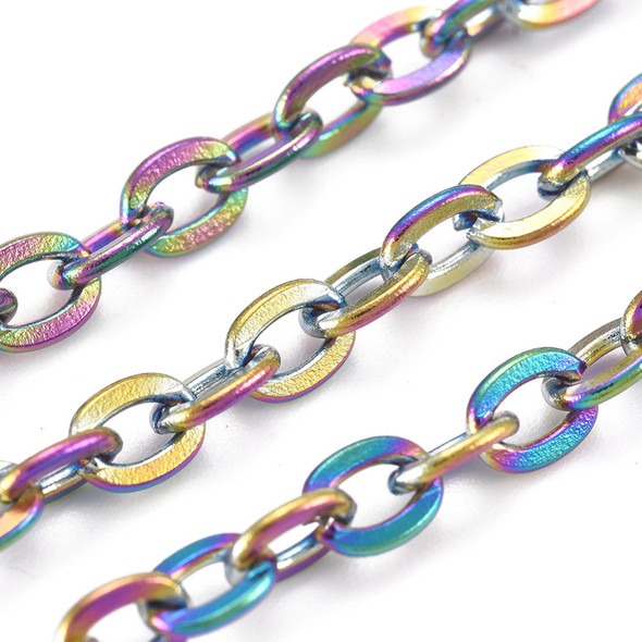 Stainless Steel Chain, Rainbow, 4x3mm, Flat Oval, 3.3 ft.