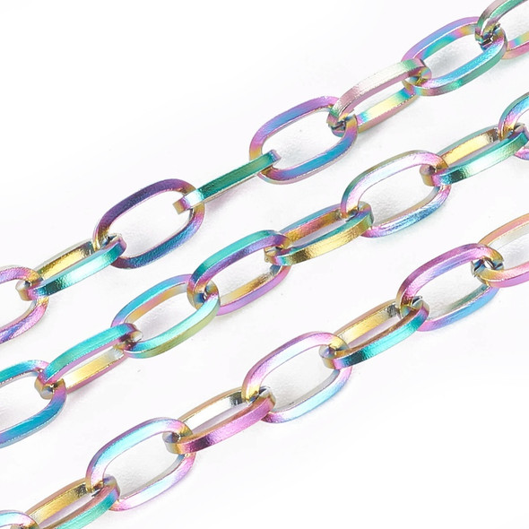 Stainless Steel Chain, Rainbow, 6.5x4mm, Flat Oval, 3.3 ft.