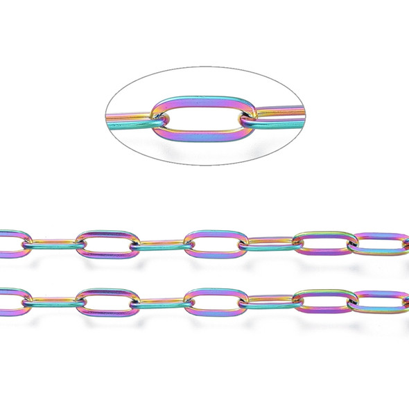 Stainless Steel Chain, Rainbow, 10x4mm, Flat Paperclip, Soldered, 3.3 ft.