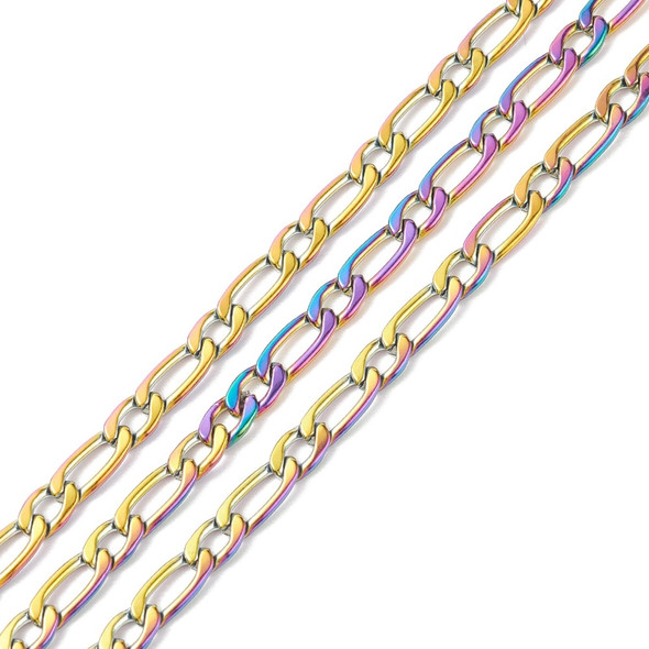 Stainless Steel Chain, Rainbow, 11x4.5mm, Figaro, 3.3 ft.