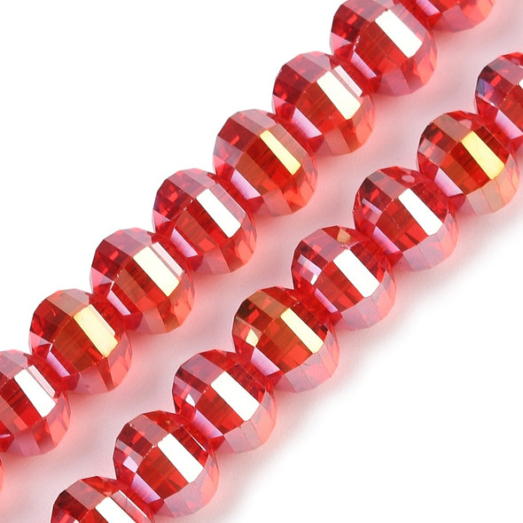 Lantern Shaped, Faceted, Glass, Red AB, 8x6mm, One 18in Strand