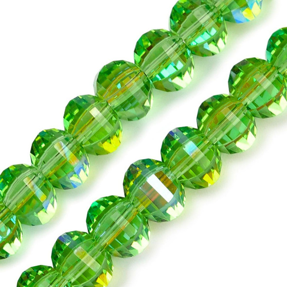 Lantern Shaped, Faceted, Glass, Green AB, 8x6mm, One 18in Strand
