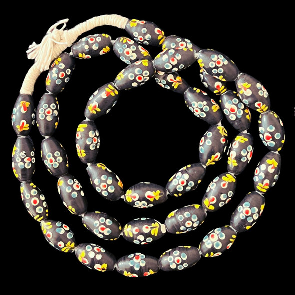 African Glass, Venetian Style, Black Flower Beads, 23x13mm, 36in Strand
