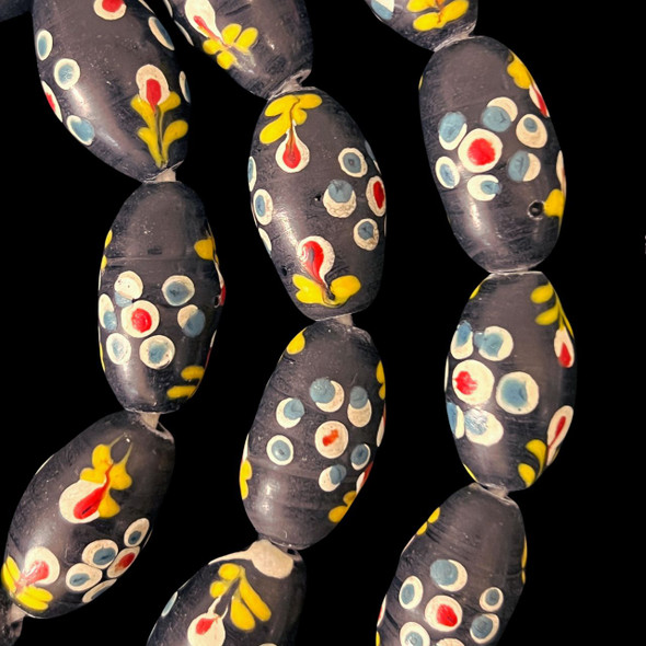 African Glass, Venetian Style, Black Flower Beads, 23x13mm, 36in Strand