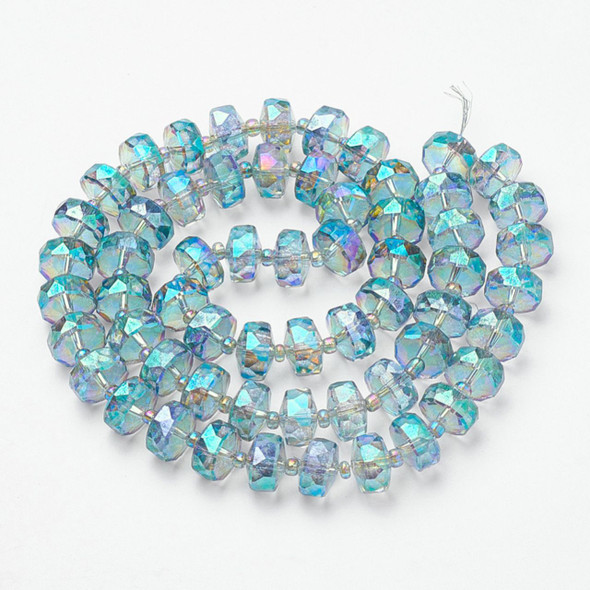 Faceted Rondelle, Glass, Blue & Green AB, 10x7mm, One 19in Strand