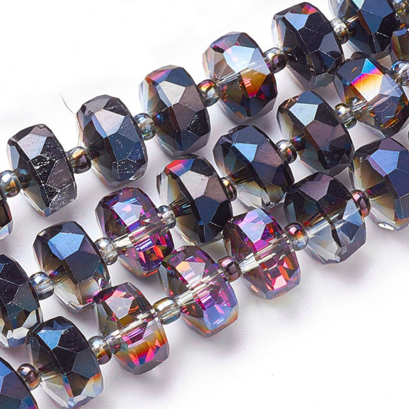 Faceted Rondelle, Glass, Black & Pink AB, 10x7mm, One 19in Strand