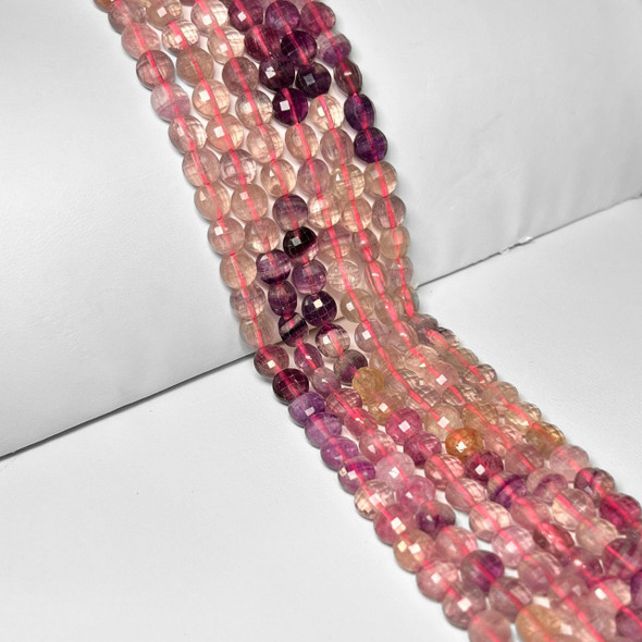 Fluorite, Pink Mix, Natural, Faceted Coin, One 8mm Strand