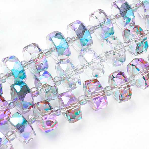 Faceted Rondelle, Glass, Blue & Purple AB, 8x5mm, One 22in Strand