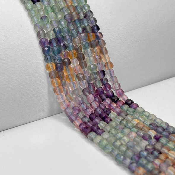 Fluorite, Blue Mix, Natural, Faceted Cube, One 4mm Strand