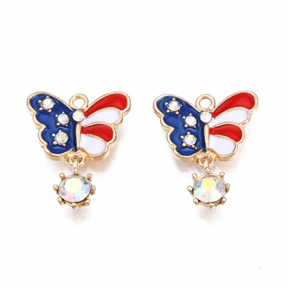 Enamel Charm, American Flag, Butterfly w/ Rhinestone, Metal Alloy, 23mm, 5 PCS